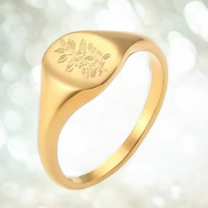 Pierścionek pozłacany sygnet z grawerem - kwiat