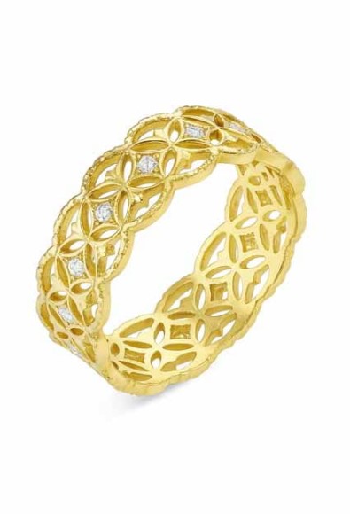 Pozłacany ażurowy pierścionek z geometrycznym wzorem i cyrkoniami, elegancki szeroki pierścionek damski w kolorze złota – biżuteria Sogold