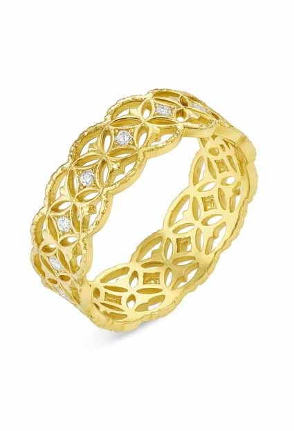 Pozłacany ażurowy pierścionek z geometrycznym wzorem i cyrkoniami, elegancki szeroki pierścionek damski w kolorze złota – biżuteria Sogold
