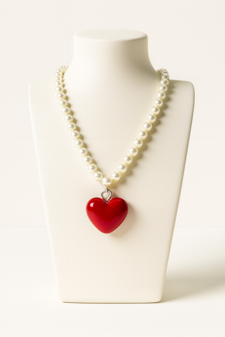 Naszyjnik perłowy z czerwonym sercem