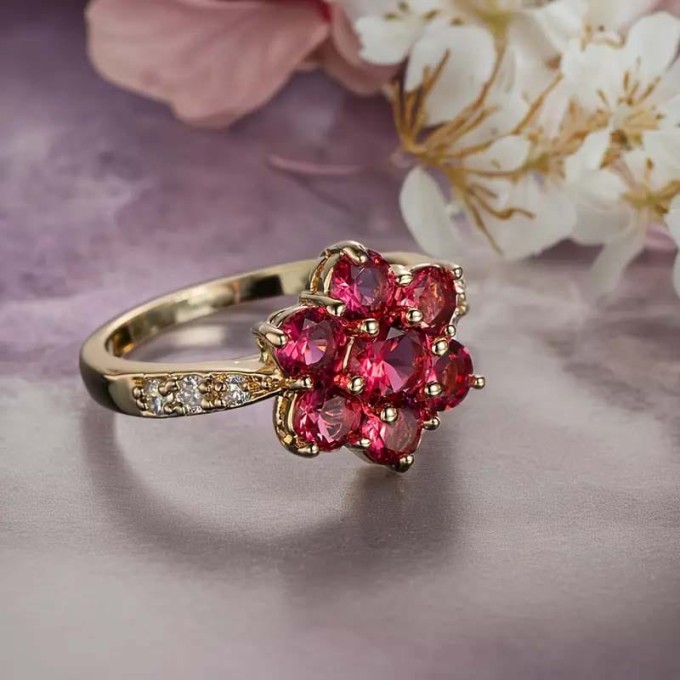 Pozłacany pierścionek z różowymi cyrkoniami w kształcie kwiatu – elegancki pierścionek damski z kamieniami, Sogold.