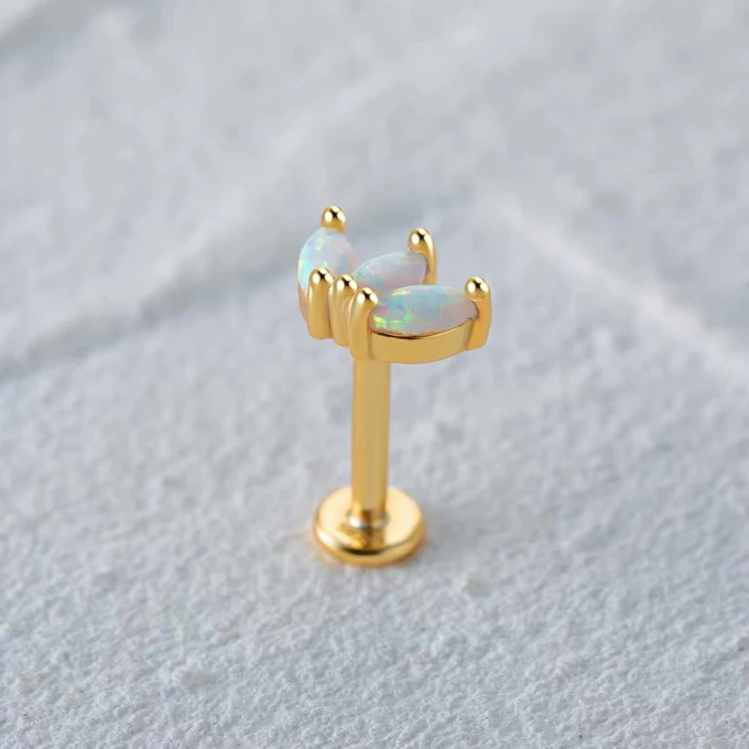 Piercing, Kolczyk srebrny pozłacany z opalem listki sogold