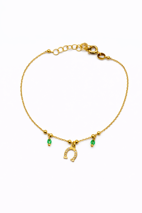 Bransoletka srebrna pozłacana z podkową i zieloną cyrkonią sogold