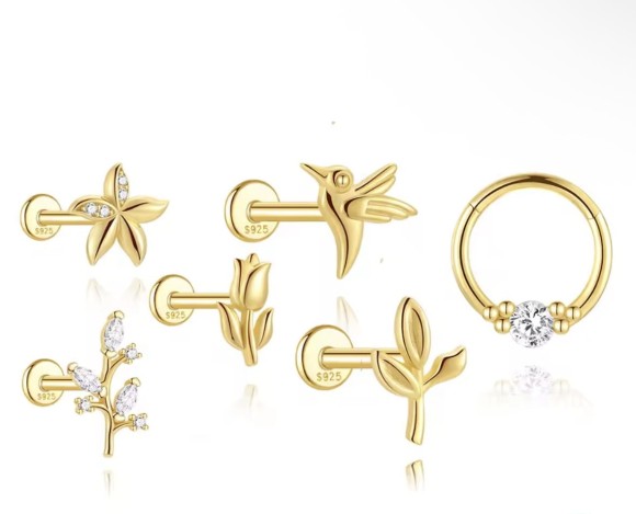 Kolczyk srebrny pozłacany listki i cyrkonie - piercing sogold