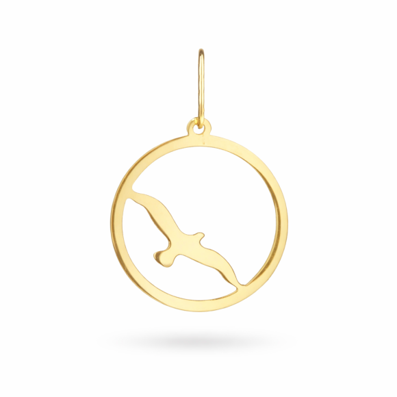 Złota zawieszka ptak w kole – minimalistyczna okrągła zawieszka ze złota 585 w kształcie lecącego ptaka, delikatna biżuteria damska Sogold.