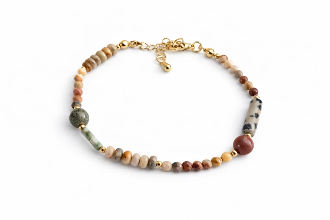 Bransoletka damska z naturalnych kamieni w odcieniach beżu i brązu z pozłacanymi elementami, biżuteria handmade Sogold.