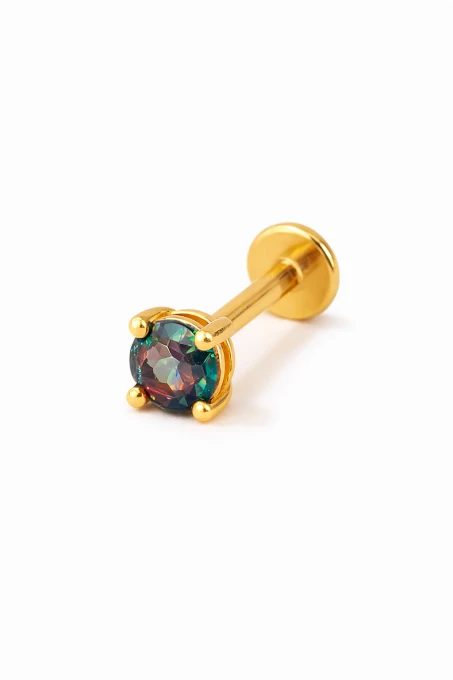 Piercing, Kolczyk srebrny pozłacany - zielona cyrkonia
